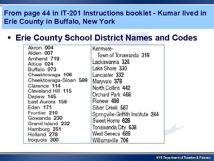 From page 44 in IT-201 Instructions booklet - Kumar lived in Erie County in