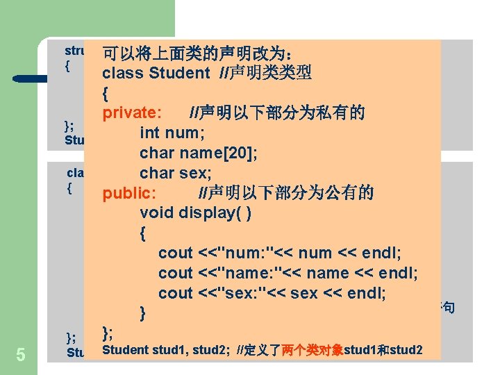 struct 可以将上面类的声明改为： Student //声明了一个名为Student的结构体类型 { class Student //声明类类型 int num; {char name[20]; char sex;