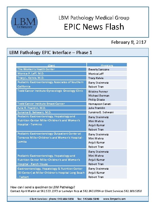 LBM Pathology Medical Group EPIC News Flash February 8, 2017 LBM Pathology EPIC Interface
