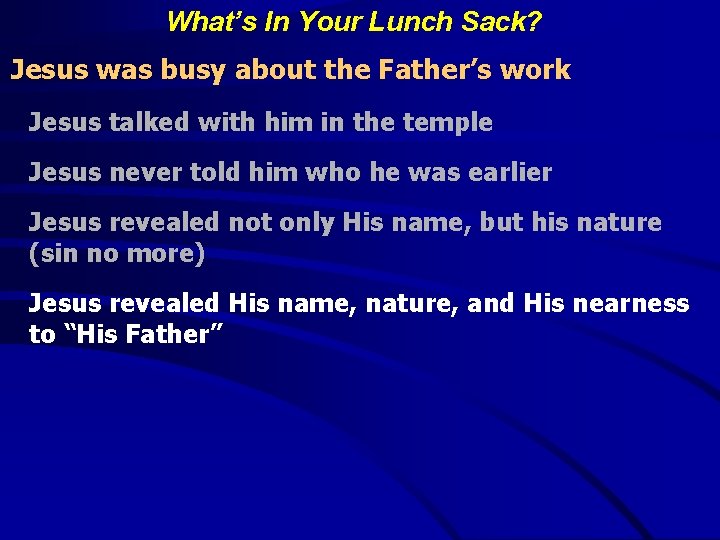 What’s In Your Lunch Sack? Jesus was busy about the Father’s work Jesus talked