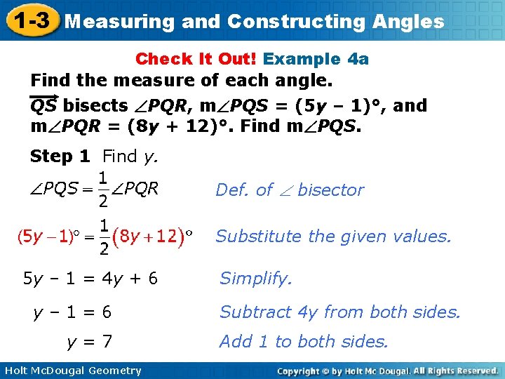 1 -3 Measuring and Constructing Angles Check It Out! Example 4 a Find the