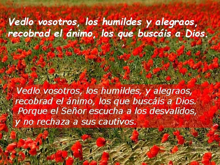 Vedlo vosotros, los humildes y alegraos, recobrad el ánimo, los que buscáis a Dios.
