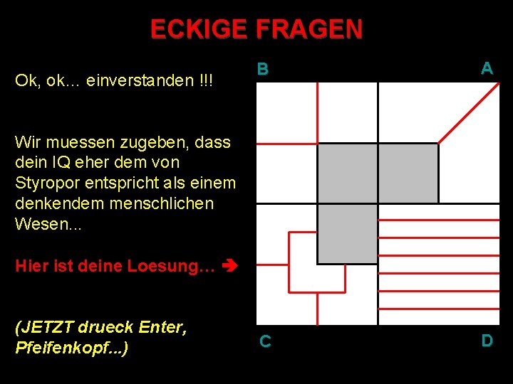 ECKIGE FRAGEN Ok, ok… einverstanden !!! B A C D Wir muessen zugeben, dass