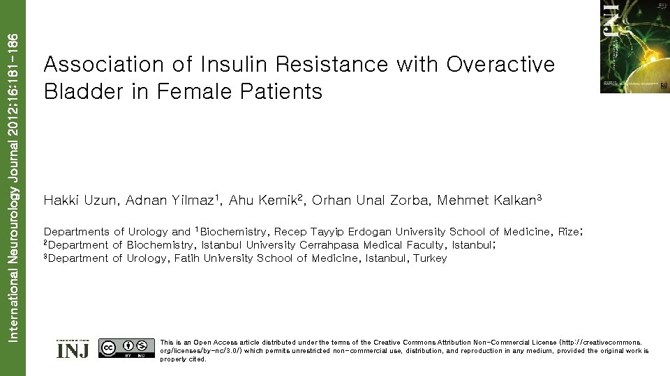 International Neurourology Journal 2012; 16: 181 -186 Association of Insulin Resistance with Overactive Bladder