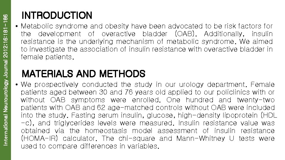 International Neurourology Journal 2012; 16: 181 -186 INTRODUCTION • Metabolic syndrome and obesity have