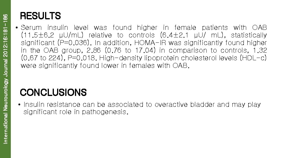 International Neurourology Journal 2012; 16: 181 -186 RESULTS • Serum insulin level was found