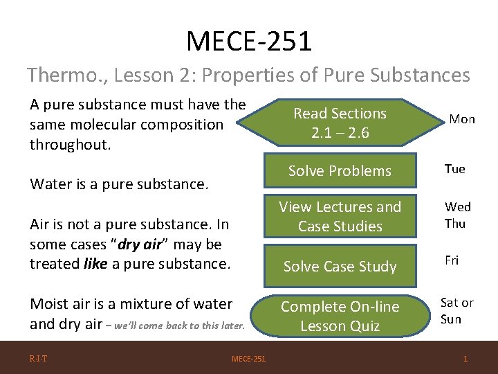 MECE-251 Thermo. , Lesson 2: Properties of Pure Substances A pure substance must have