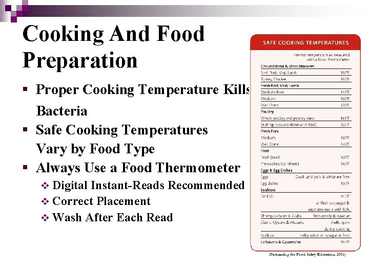Cooking And Food Preparation § Proper Cooking Temperature Kills Bacteria § Safe Cooking Temperatures