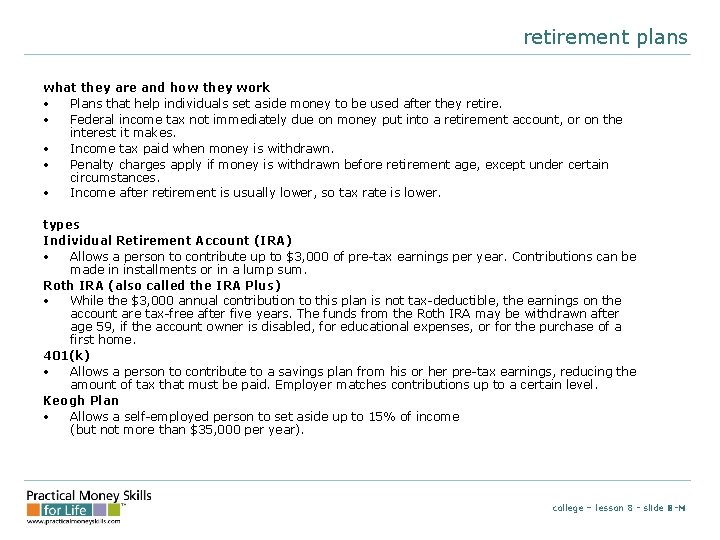 retirement plans what they are and how they work • Plans that help individuals