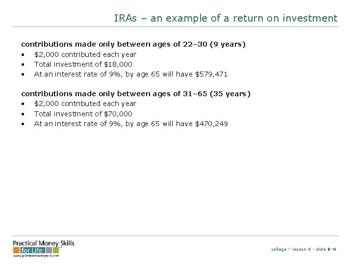 IRAs – an example of a return on investment contributions made only between ages