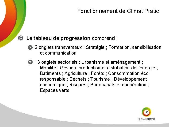 Fonctionnement de Climat Pratic Le tableau de progression comprend : 2 onglets transversaux :