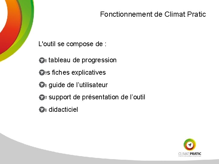 Fonctionnement de Climat Pratic L'outil se compose de : Un tableau de progression Des