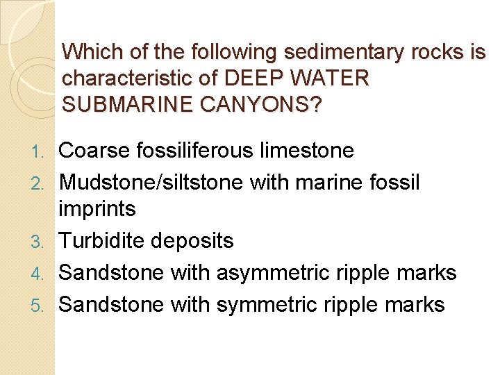 Which of the following sedimentary rocks is characteristic of DEEP WATER SUBMARINE CANYONS? 1. Which of the following sedimentary rocks is characteristic of DEEP WATER SUBMARINE CANYONS? 1.