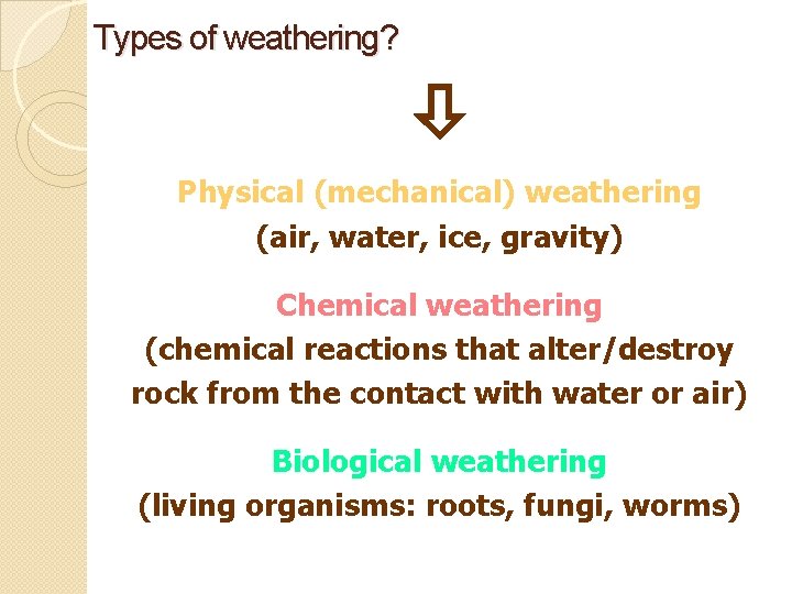 Types of weathering? Physical (mechanical) weathering (air, water, ice, gravity) Chemical weathering (chemical reactions Types of weathering? Physical (mechanical) weathering (air, water, ice, gravity) Chemical weathering (chemical reactions