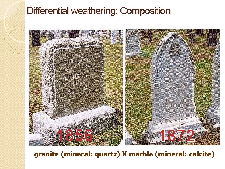 Differential weathering: Composition 1856 1872 granite (mineral: quartz) X marble (mineral: calcite) Differential weathering: Composition 1856 1872 granite (mineral: quartz) X marble (mineral: calcite)