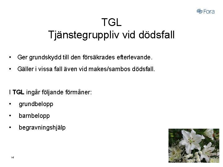 TGL Tjänstegruppliv vid dödsfall • Ger grundskydd till den försäkrades efterlevande. • Gäller i