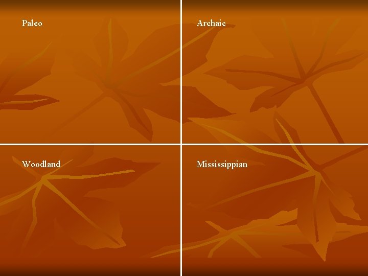 Paleo Archaic Woodland Mississippian 