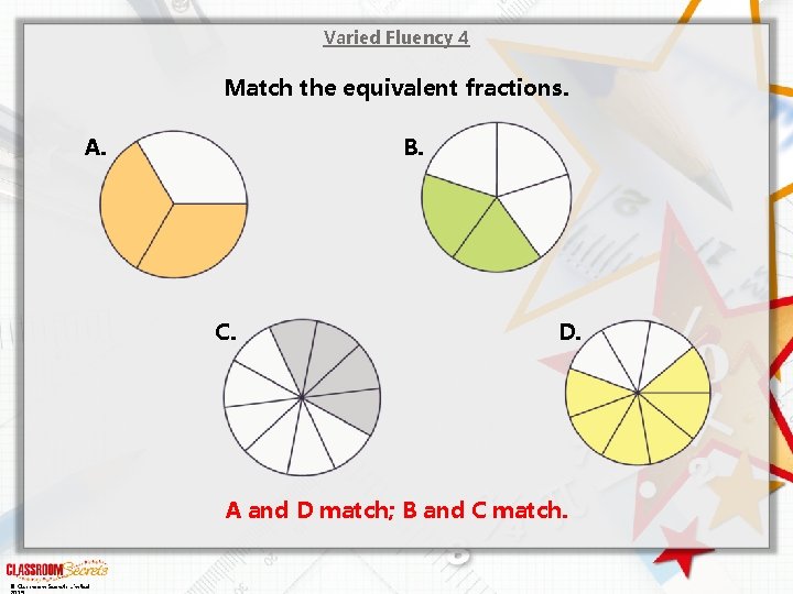 Varied Fluency 4 Match the equivalent fractions. A. B. C. D. A and D