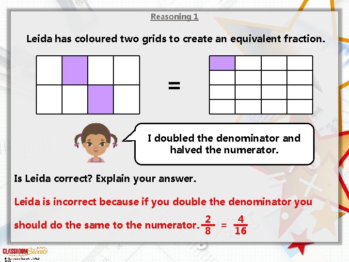 Reasoning 1 Leida has coloured two grids to create an equivalent fraction. = I