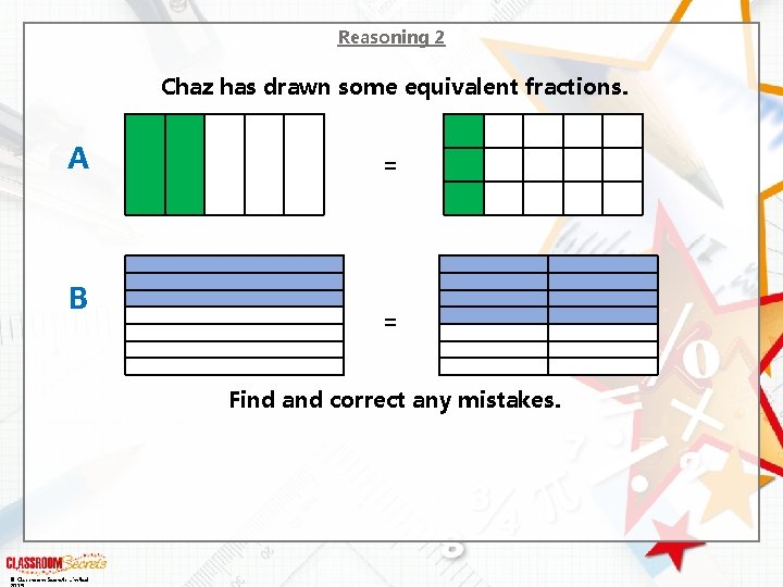 Reasoning 2 Chaz has drawn some equivalent fractions. A B = = Find and