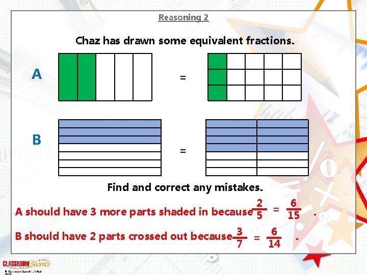Reasoning 2 Chaz has drawn some equivalent fractions. A B = = Find and