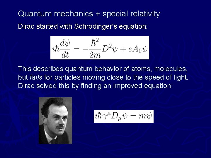 Quantum mechanics + special relativity Dirac started with Schrodinger’s equation: This describes quantum behavior