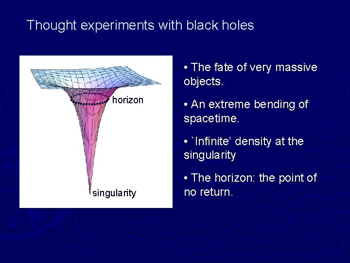 Thought experiments with black holes • The fate of very massive objects. horizon •