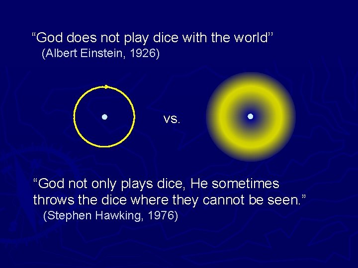 “God does not play dice with the world’’ (Albert Einstein, 1926) vs. “God not