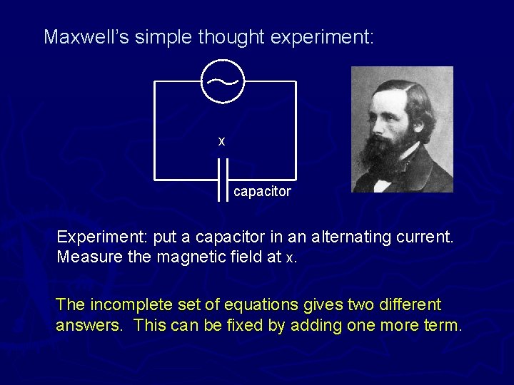 Maxwell’s simple thought experiment: x capacitor Experiment: put a capacitor in an alternating current.