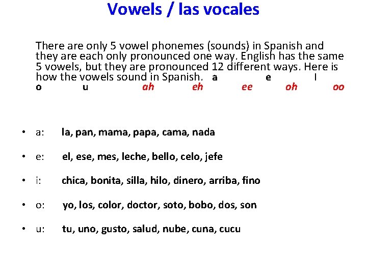 Vowels / las vocales There are only 5 vowel phonemes (sounds) in Spanish and
