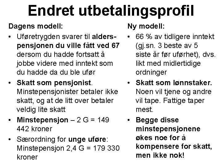 Endret utbetalingsprofil Dagens modell: • Uføretrygden svarer til alderspensjonen du ville fått ved 67