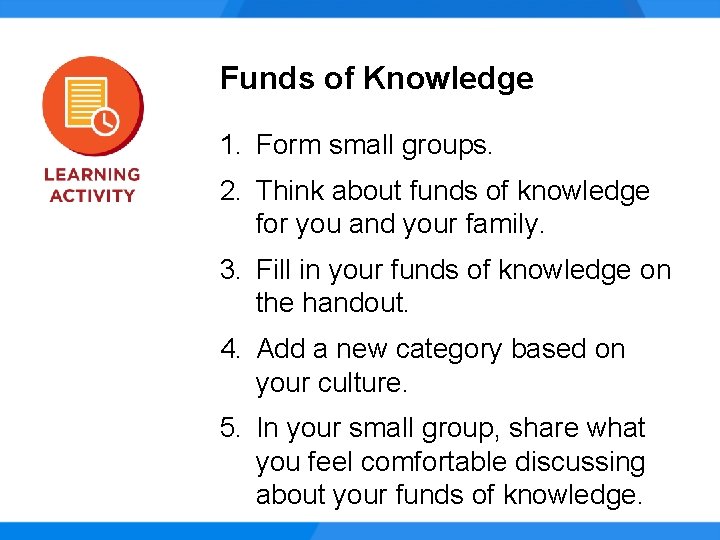 Funds of Knowledge 1. Form small groups. 2. Think about funds of knowledge for