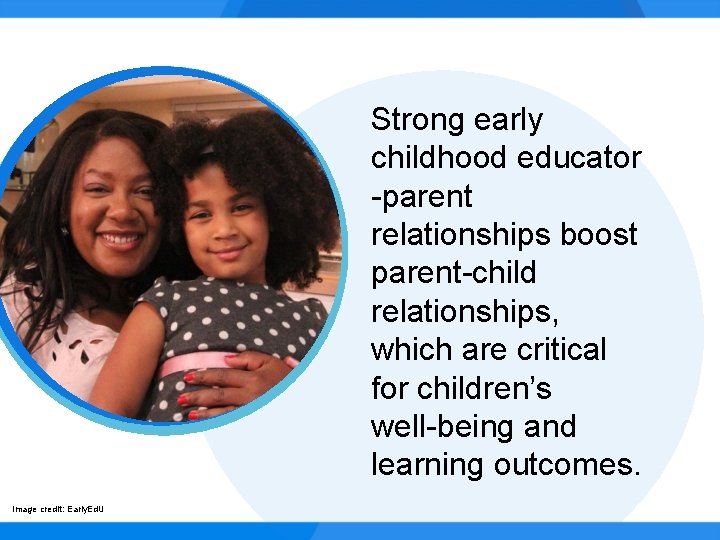 Strong early childhood educator -parent relationships boost parent-child relationships, which are critical for children’s