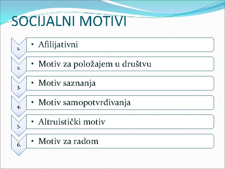 SOCIJALNI MOTIVI 1. • Afilijativni 2. • Motiv za položajem u društvu 3. •