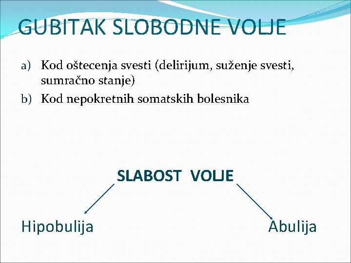 GUBITAK SLOBODNE VOLJE a) Kod oštecenja svesti (delirijum, suženje svesti, sumračno stanje) b) Kod