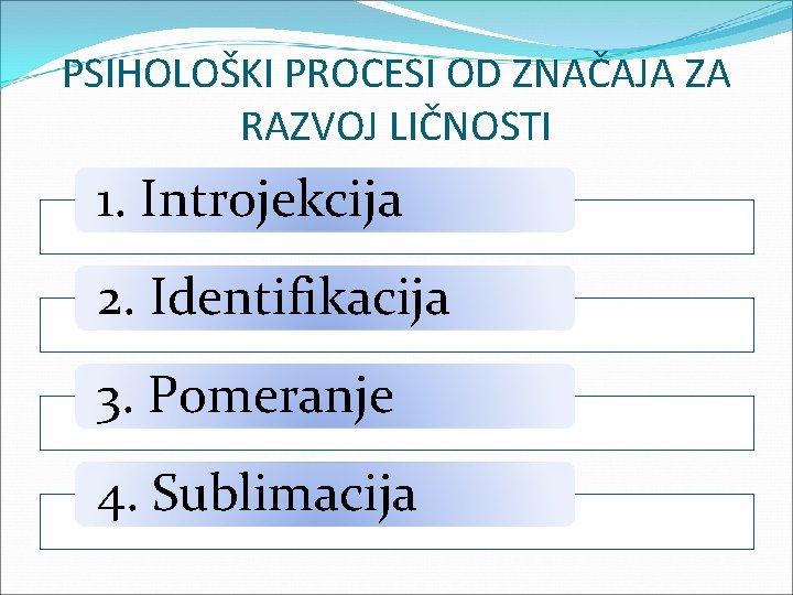 PSIHOLOŠKI PROCESI OD ZNAČAJA ZA RAZVOJ LIČNOSTI 1. Introjekcija 2. Identifikacija 3. Pomeranje 4.