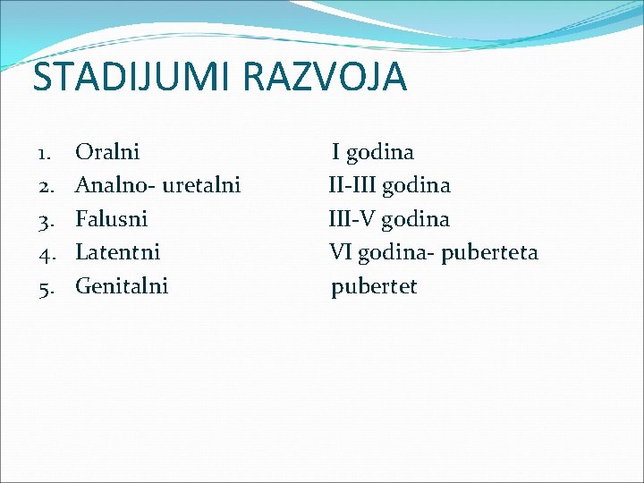 STADIJUMI RAZVOJA 1. 2. 3. 4. 5. Oralni Analno- uretalni Falusni Latentni Genitalni I