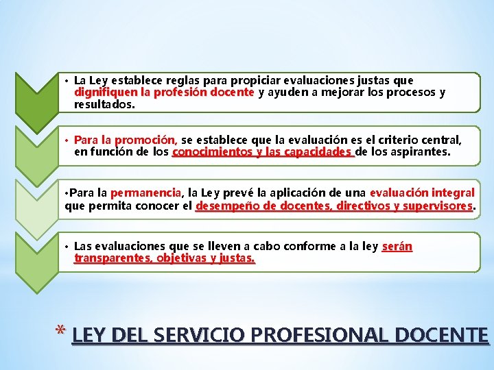  • La Ley establece reglas para propiciar evaluaciones justas que dignifiquen la profesión