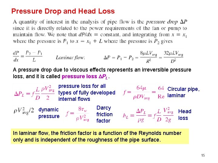 Pressure Drop and Head Loss A pressure drop due to viscous effects represents an Pressure Drop and Head Loss A pressure drop due to viscous effects represents an