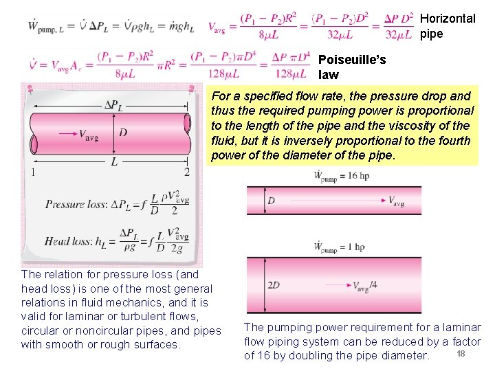 Horizontal pipe Poiseuille’s law For a specified flow rate, the pressure drop and thus Horizontal pipe Poiseuille’s law For a specified flow rate, the pressure drop and thus