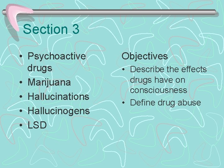 Section 3 • Psychoactive drugs • Marijuana • Hallucinations • Hallucinogens • LSD Objectives