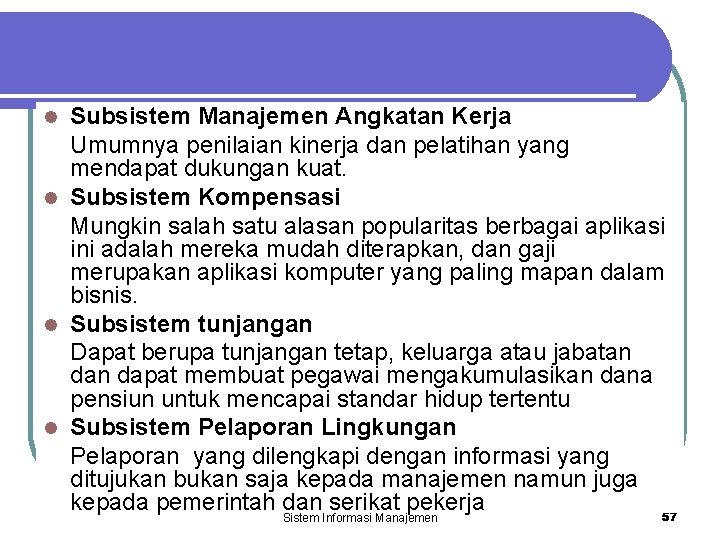 Subsistem Manajemen Angkatan Kerja Umumnya penilaian kinerja dan pelatihan yang mendapat dukungan kuat. l