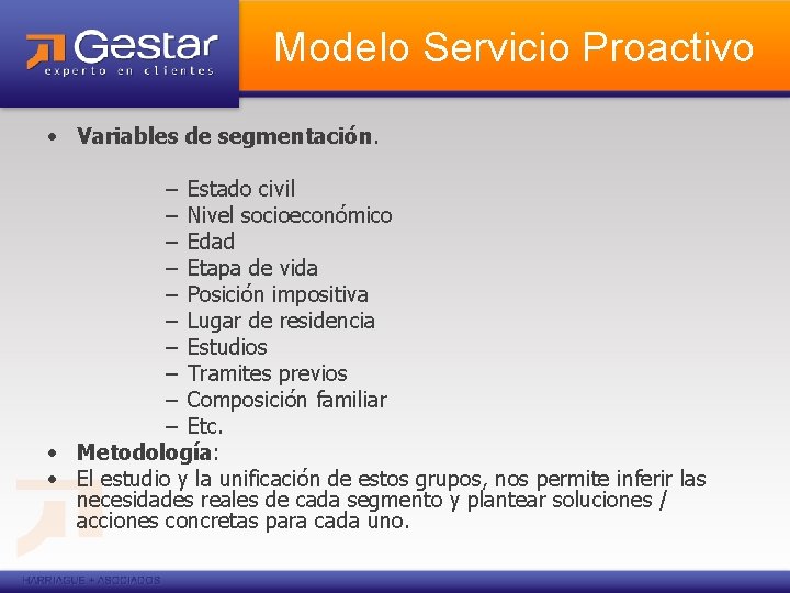 Modelo Servicio Proactivo • Variables de segmentación. – Estado civil – Nivel socioeconómico –