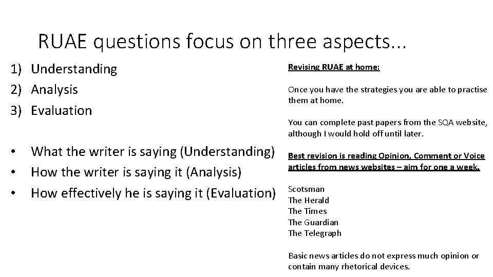 RUAE questions focus on three aspects. . . 1) Understanding 2) Analysis 3) Evaluation