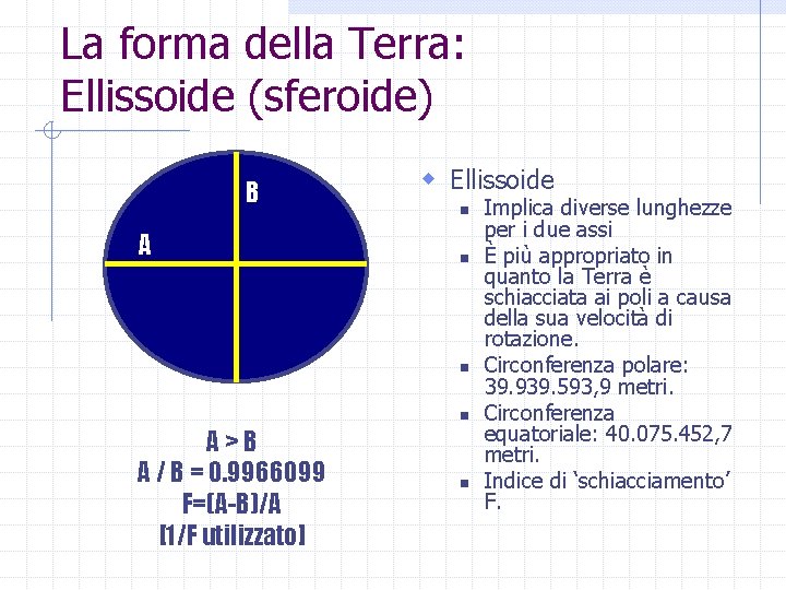 La forma della Terra: Ellissoide (sferoide) B A w Ellissoide n n A>B A