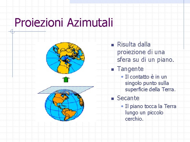 Proiezioni Azimutali n n Risulta dalla proiezione di una sfera su di un piano.