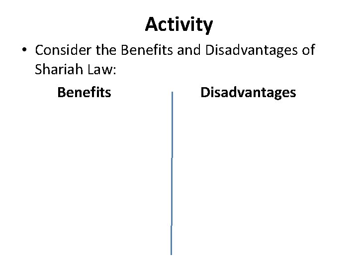 Activity • Consider the Benefits and Disadvantages of Shariah Law: Benefits Disadvantages 