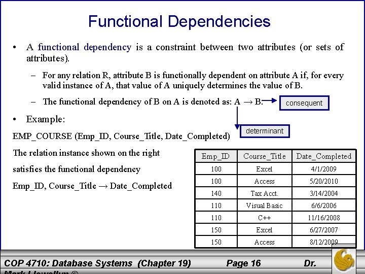 Functional Dependencies • A functional dependency is a constraint between two attributes (or sets
