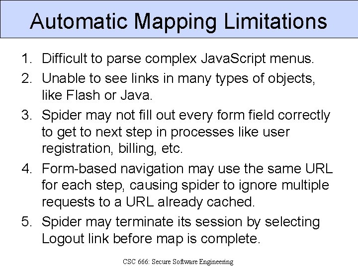 Automatic Mapping Limitations 1. Difficult to parse complex Java. Script menus. 2. Unable to