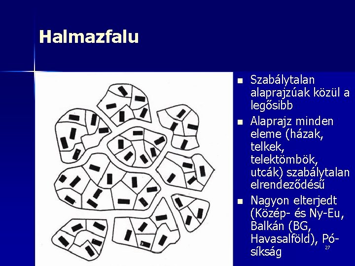 Halmazfalu n n n Szabálytalan alaprajzúak közül a legősibb Alaprajz minden eleme (házak, telkek,